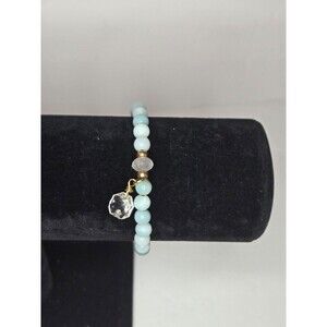 Light Green Beaded Bracelet with Clear Dangle and Gold Tone Magnetic Closure